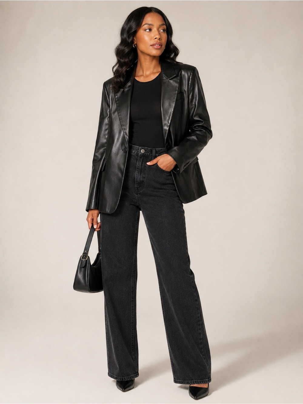 Faux Leather Single-Button Black Blazer Jacket